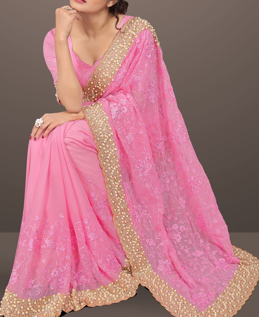 Designer Pink Color Function Wear Organza Fabric Saree With Embroidered Work