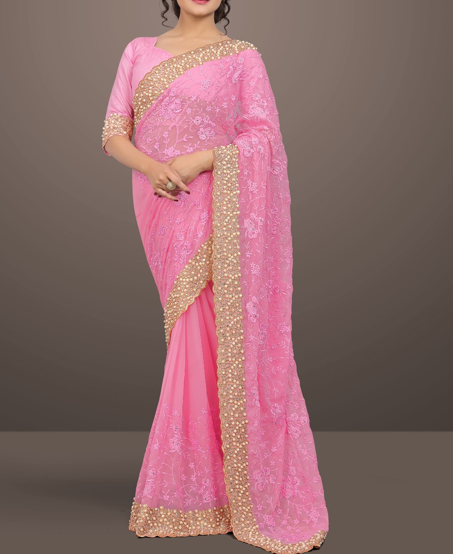 Dark pink georgette saree features thread, bead & stone embroidered  designs, self-border of embroidery designs