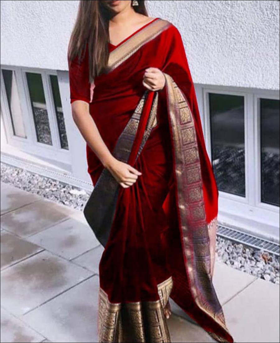 Red Color Banarasi Silk Saree with Golden Zari Work - Navshtri