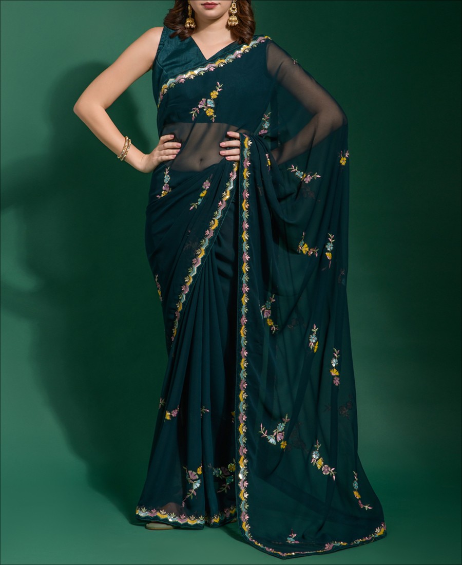 Green Faux Georgette Embroidered Sarees SASUNM1807