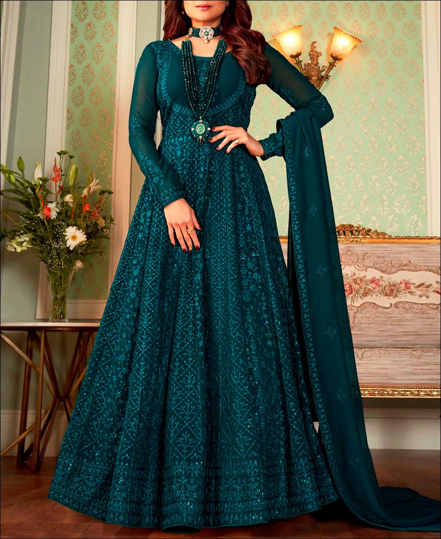 RF - Aqua Blue color Georgette Gown Dress. - Designer Salwar Kameez -  Salwar Suits - Indian
