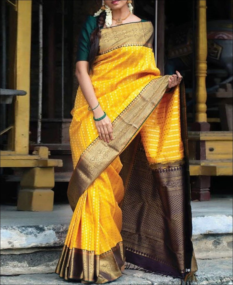 Handloom Pure Kanchi Silk Sarees - Yellow with Purple – Looms Legacy-atpcosmetics.com.vn