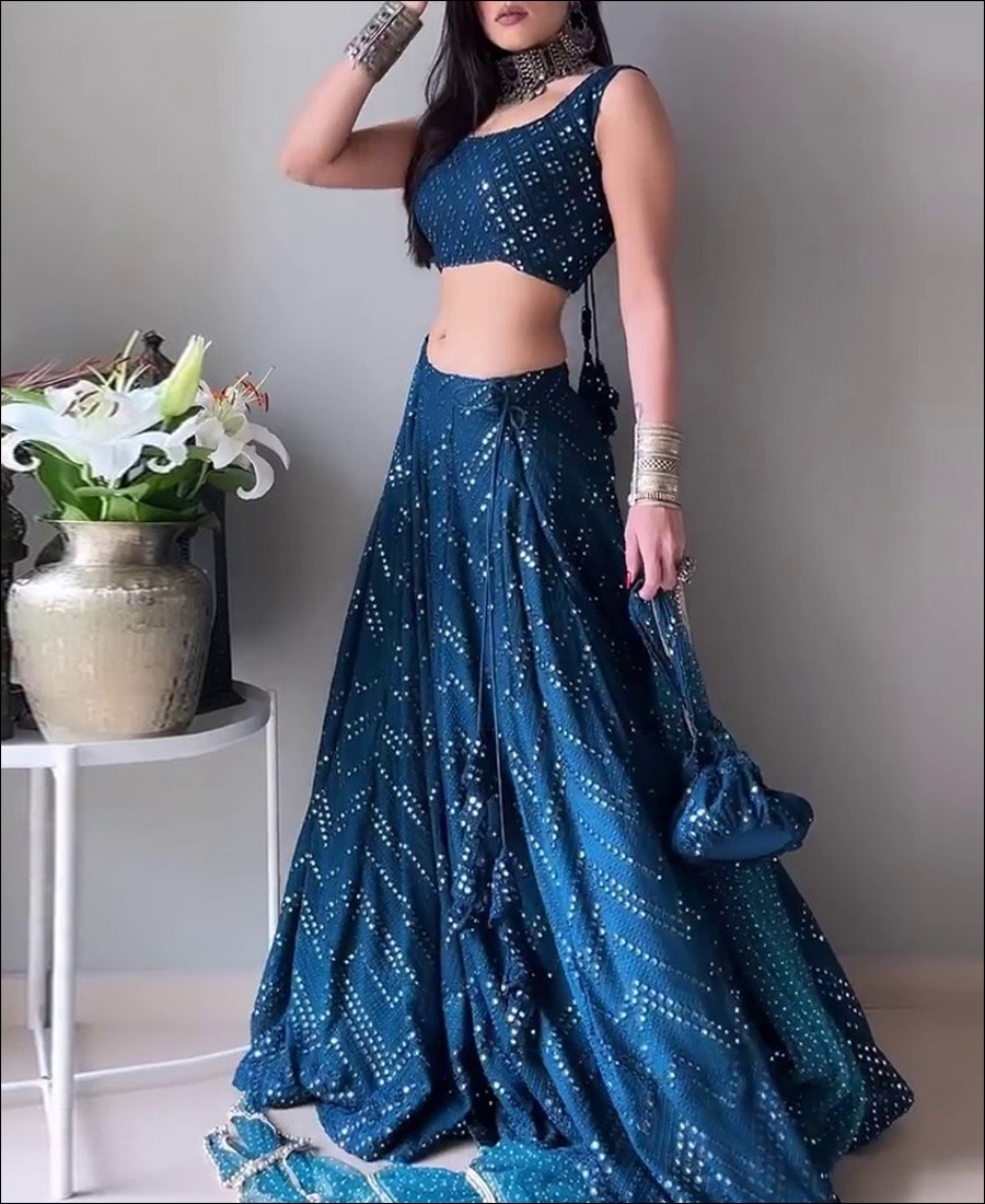 RE - Blue Colored Faux Georgette Sequence Work Lehenga Choli