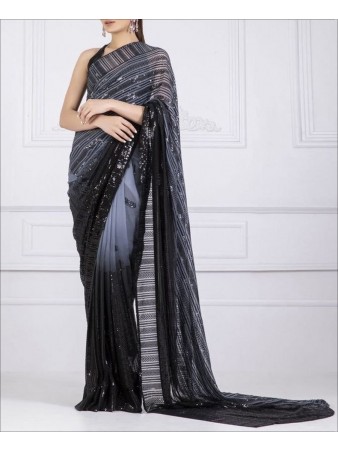 Party Wear Grey and Black Color Sequence Work saree