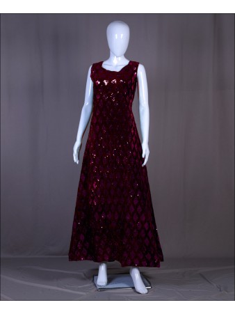 Maroon Velvet Sequence Embroidered Work Gown