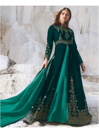 RF - Prachi Desai Turquoise Modern Satin With Georgette Satin Abaya Jacket Style Suit