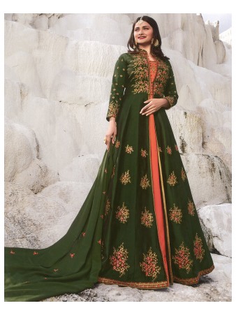 RF - Prachi Desai Green Modern Satin With Georgette Satin Abaya Jacket Style Suit