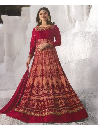 RF - Prachi Desai Red Net With Georgette Satin Abaya Style Anarkali Suit