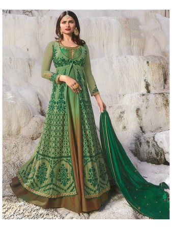 RF - Prachi Desai Green Net With Georgette Satin Abaya Jacket Style Suit
